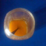 A transparent plastic container holds yellow-orange homemade cow ghee against a deep blue background.