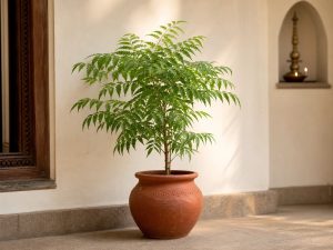 A neem plant in a mud pot stands in a quiet home courtyard, reflecting the Vastu remedy for Kannimoola and the South-West corner in Kerala.